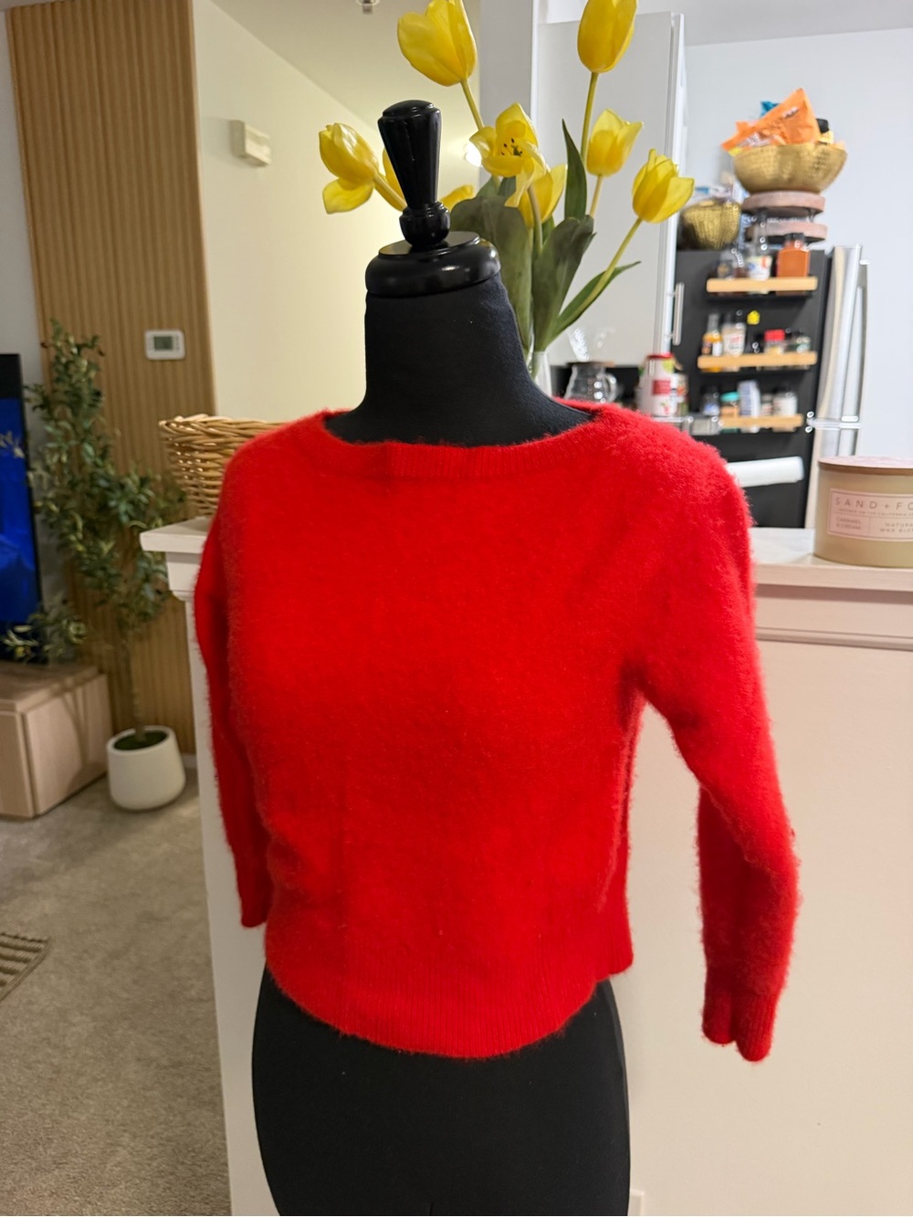 Aritzia Bright Red Fuzzy Crewneck Sweater